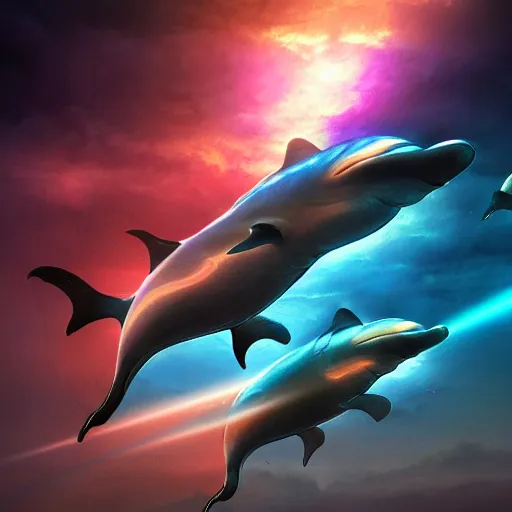 Image similar to laser dolphins, fantasy, detailed, high quality, artstation