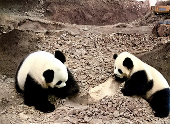 Image similar to 90's professional color photograph, A panda laboring in a mine.