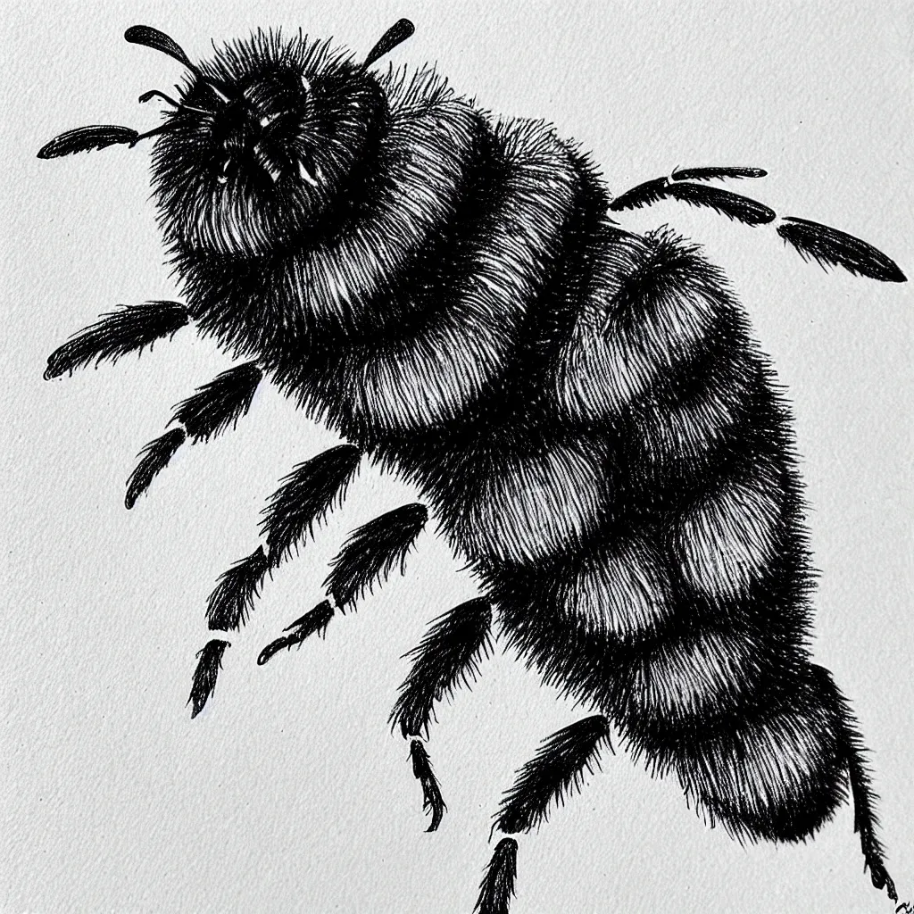 Image similar to a bumblebee with a jetpack on its back, drawn with a black 0. 3 mm fineliner on a white paper