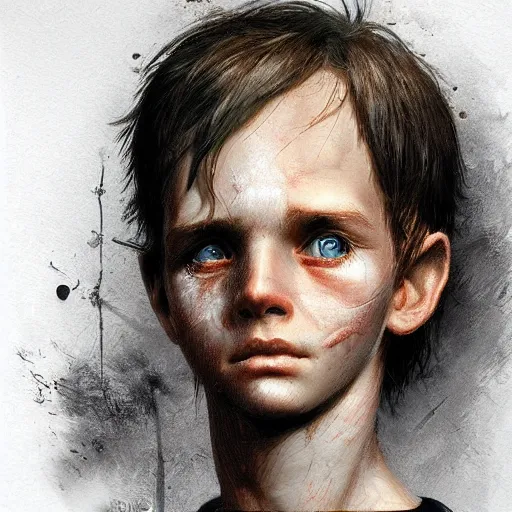 Prompt: A boy with a burn mark on his left eye, Graceful body structure,cute,Symmetrical face,highly detailed,elegant,Marc Simonetti and Caspar David Friedrich, Trending on artstation
