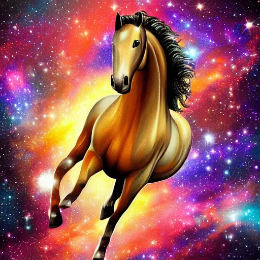 Prompt: a galloping horse in the style a space nebula, intricate, colourful