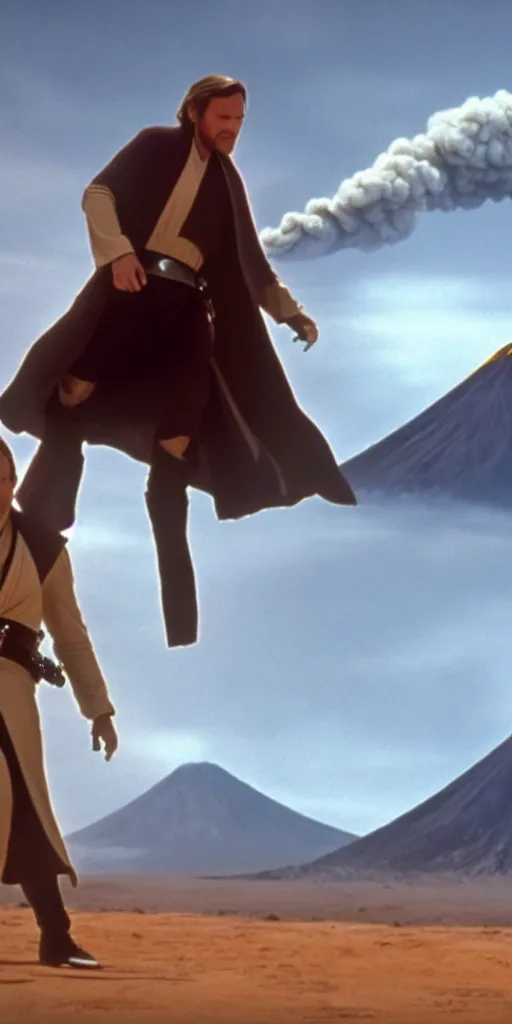 Prompt: quentin tarantino as obi wan kenobi having the high ground. active volcanoes as background. cinematic trailer format.