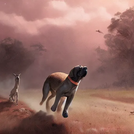 Image similar to - w 7 6 8 a boerboel mastiff, chasing a kangaroo, detailed, intricate, by jessica rossier