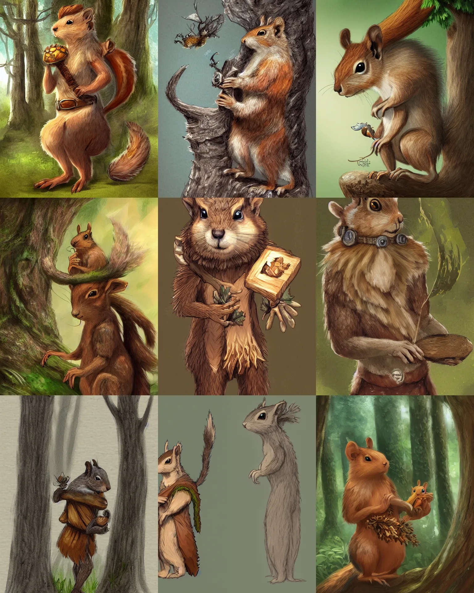 Prompt: An ultradetailed concept art of a gentle druid made of wood with squirrel who play on his shoulder, High resolution concept art