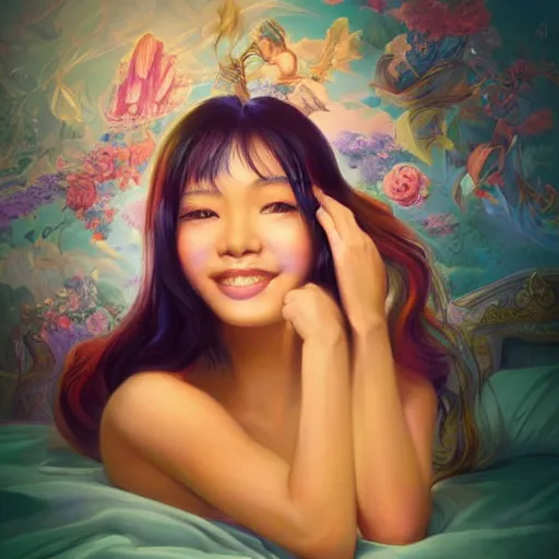 Image similar to young cute asian woman with flowing hair dressed in a revealing top sitting on bed, smiling, rendered in octane, photorealism, by Ansel Adams David Suh Lisa Frank Peter Mohrbacher Artgerm