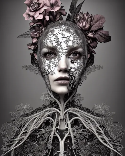Prompt: monochrome profile portrait painting, dutch masters, silver lace floral steampunk biomechanical beautiful young female cyborg with one techno eye, volumetric light, leaves foliage and stems, hibiscus flowers, sinuous fine roots, fine foliage lace, alexander mcqueen, rim light, big gothic fashion floral pearl embroidered collar, 8 k