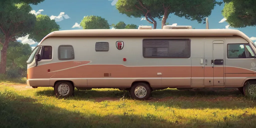 Prompt: a wholesome animation key shot of one!! focused!! 1 9 9 4 fiat hymer!! motorhome in the! romanian! countryside, medium shot, studio ghibli, ( pixar ) and disney animation, sharp, very detailed, high resolution, rendered in unreal engine 5, anime key art by greg rutkowski, bloom, dramatic lighting