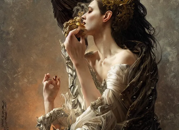 Prompt: beautiful maiden, full body, persona, fantastical, intricate, elegant, highly detailed, digital painting, art station, concept art, smooth, sharp focus, oil painting, art by caravaggio and greg rutkowski and klimt