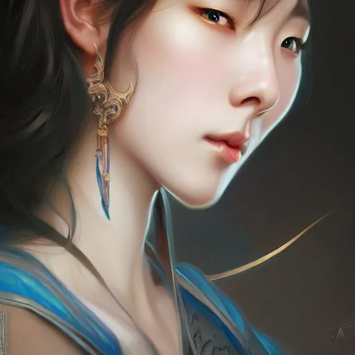 Prompt: Portrait of female korean idol, D&D, blue eyes, face, fantasy, intricate, elegant, highly detailed, digital painting, artstation, concept art, smooth, sharp focus, illustration, art by artgerm and greg rutkowski and alphonse mucha