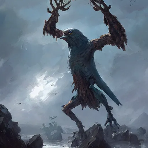 Prompt: bird with arms and hands, epic fantasy art, by Greg Rutkowski