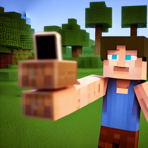 Prompt: minecraft steve!!!! holding!!!!! an iphone in his hand!!!!!!, 4 k, 8 k, photorealistic imagery
