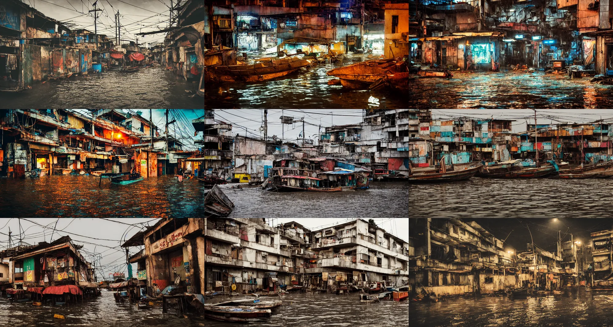 Prompt: travel photography, 3 5 mm photo of a dystopian cyberpunk motel!!! made of scrap wood and scrap metal in a village of favelas, flooded fishing village, at night, raining, boats in the water, epic lighting, epic composition, depth of field, bokeh, upscaled to 4 k