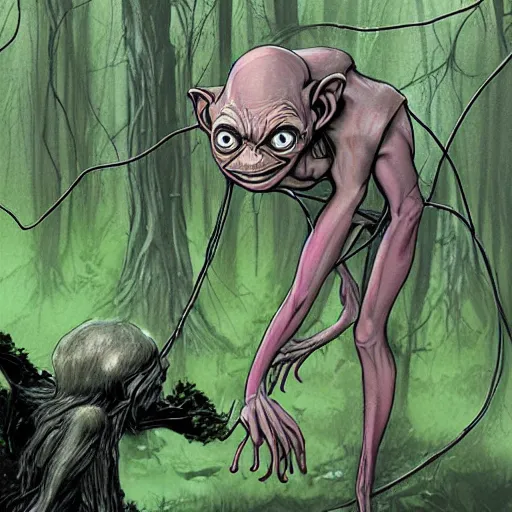 Image similar to Gollum makes twine in rainy forest