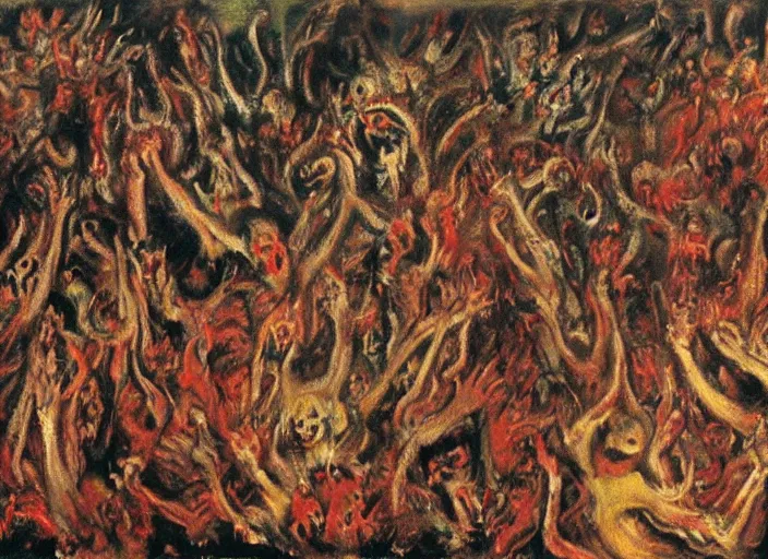 Prompt: mosh pit full of demons and beautiful women in hell ’ s nightclub, sfumato abstract oil on canvas, by rothko, by jackson pollock, by monet