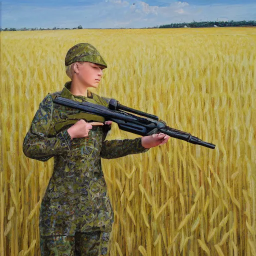 Prompt: Blond female Ukrainian soldier, in camouflage uniform with rifle, looking across a wheat field to a line of trees, oil painting