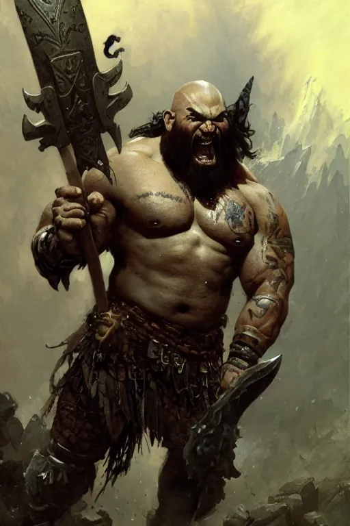 Prompt: tattooed, muscled half - orc barbarian champion with a full dark beard and steely eyes surrounded by spirits wielding a jagged axe portrait dnd, painting by gaston bussiere, craig mullins, greg rutkowski, yoji shinkawa