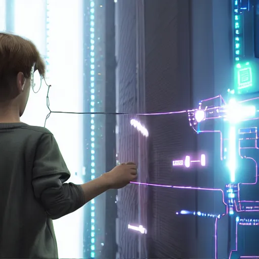 Image similar to cyberpunk kid programming his parents. the kid hand holding wire that connected to the parents head. 4 k, photorealistic, artstation, ultra detrailed.