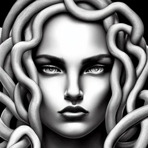 Image similar to medusa portrait painting, black and white, seductive, dynamic lighting, michelangelo, artstation, detailed, blurred background