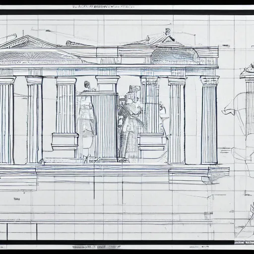 Prompt: architectural blueprint of a public sculpture, drawn to scale with orthographic views