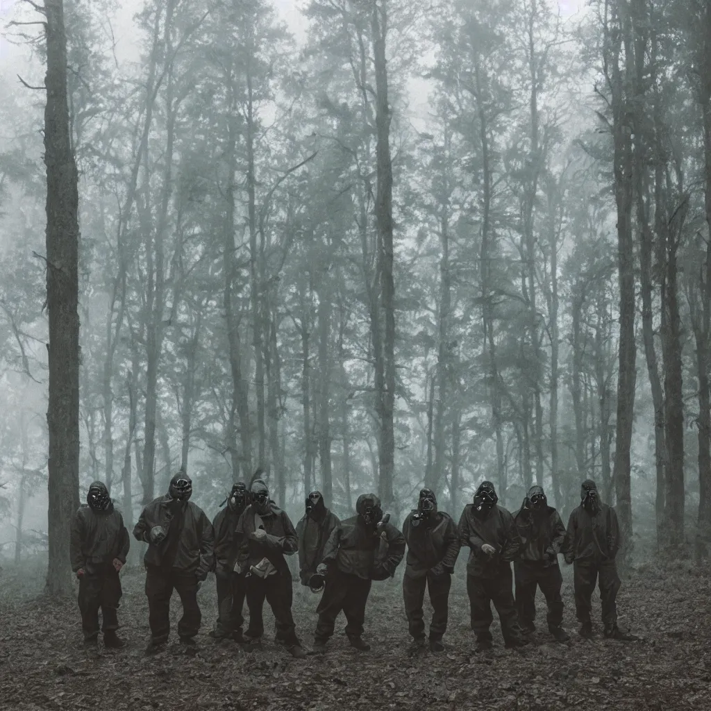 Image similar to high realistic photo portrait group of men with gas masks in a foggy forest, cinestill 800t 35mm, heavy grain, high quality