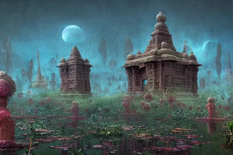 Image similar to photography of a beautiful archipelago of never seen before stunning ancient indian temple. intricate pilars patern, runes. water and flowers. inspiring science fiction, intricate, elegant, uplifting, inspirational, highly detailed by beksinski and simon stalenhag