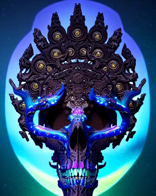 Image similar to 3 d ornate carved dark cosmic horse with profile portrait, sigma 5 0 0 mm f / 5. beautiful intricate highly detailed quetzalcoatl skull. bioluminescent, plasma, lava, ice, water, wind, creature, thunderstorm! artwork by tooth wu and wlop and beeple and greg rutkowski, 8 k trending on artstation