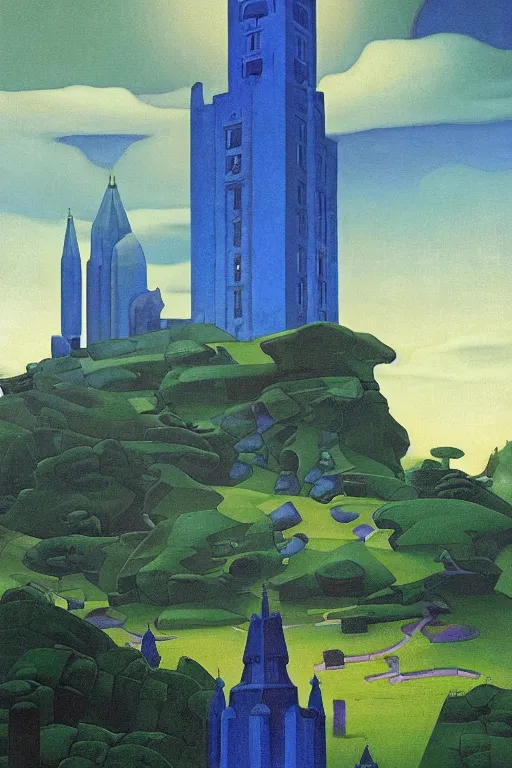 Prompt: view of the mysterious blue tower in its gardens after a storm, tall windows lit up, beautiful ornamental architecture, dramatic cinematic lighting, rich colors, by Nicholas Roerich and William Dyce and April Gornik and Sylvain Sarrailh and Ludwig Deutsch and Diego Rivera, fairytale illustration, featured on artstation