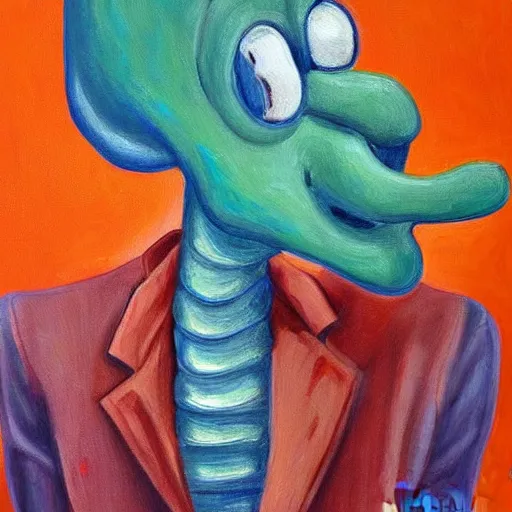 Image similar to handsome squidward portrait, painting, colorful