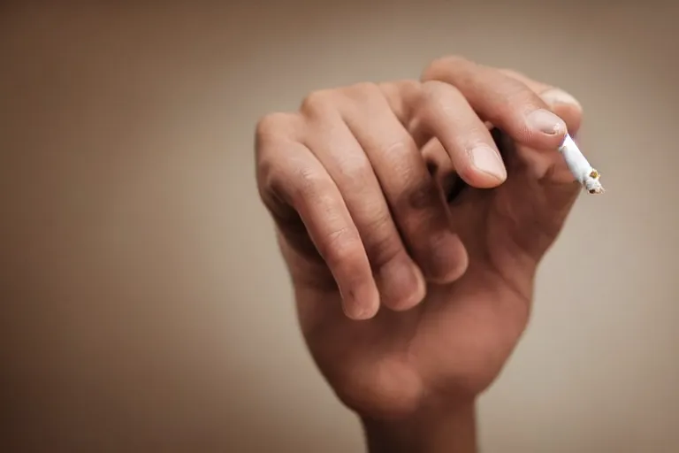 Image similar to Close-up of thin soft hand holding cigarette, with smoke, hand with five fingers, hyper realistic, high details, photo, super resolution