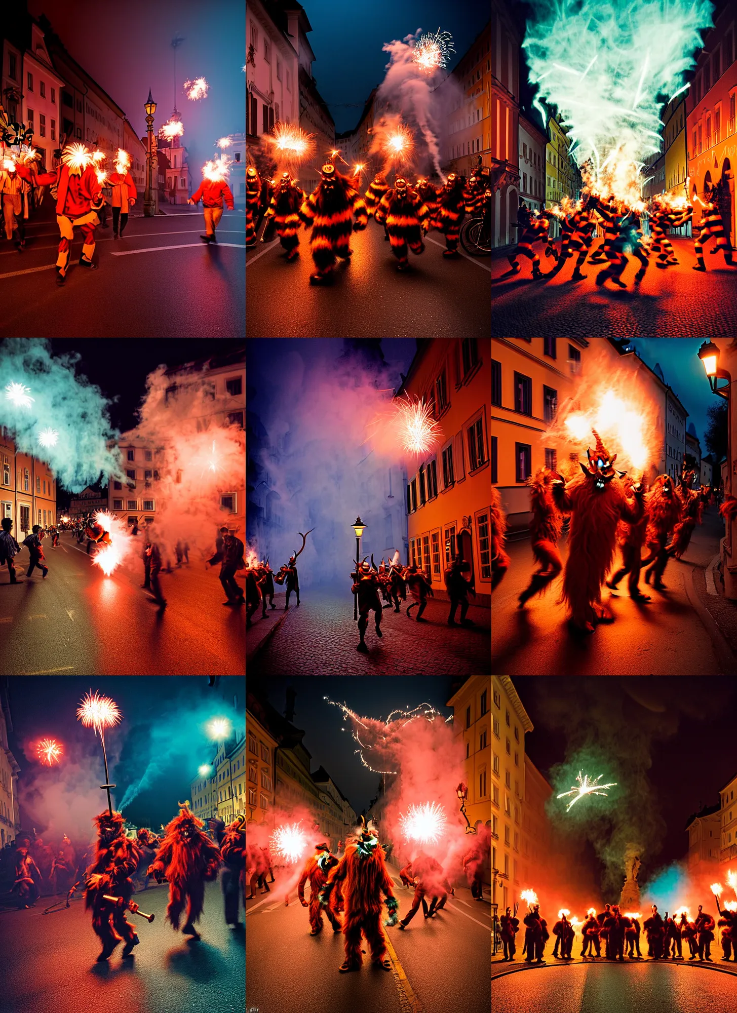 Image similar to kodak portra 4 0 0, award winning dynamic photograph of a bunch of hazardous krampus by robert capas, in muted colours, striped orange and teal, motion blur, on a street in salzburg at night with colourful pyro fireworks and torches