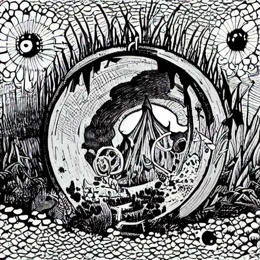 Prompt: a portal to another world, opened in the middle of the field mcbess style, color,