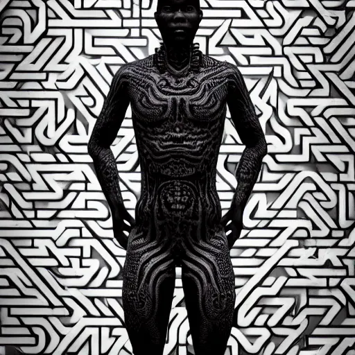 Image similar to : black human with maze pattern skin all over hyper detailed art station  dalle2 unity gigapixel  unrealengine trending on artstation,cinematic, hyper realism, high detail, octane render, 8k