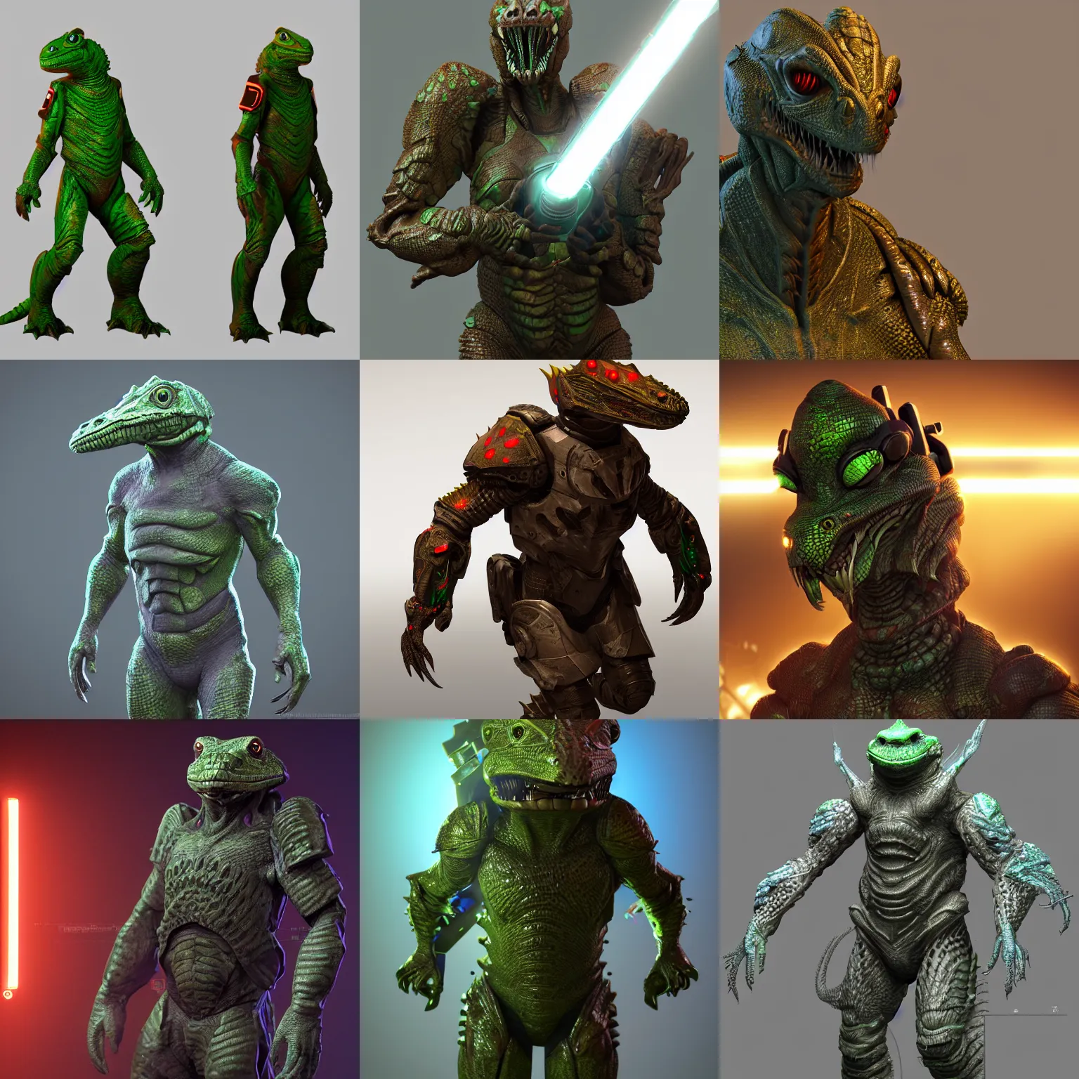 Prompt: scifi armored lizardman soldier, high resolution, digital render, trending on artstation, 4k, neon lighting