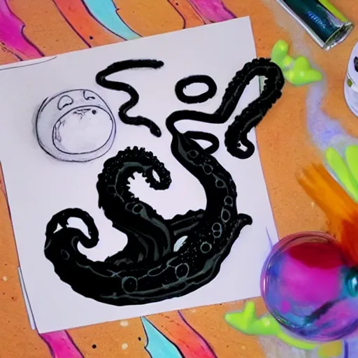 Image similar to a cute art of black ink slime in form of liquid black cat with tentacles , claymation, Aardman animation, dnd slime art