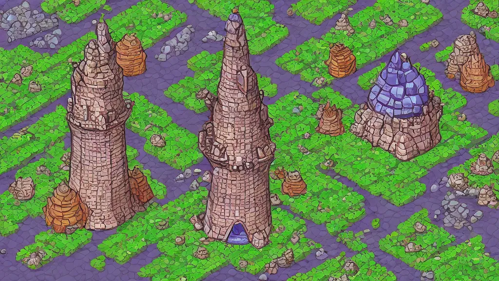 Image similar to Isometric view of a wizard tower surrounded by different kinds of gem mines and ominous caves, lineart, colored