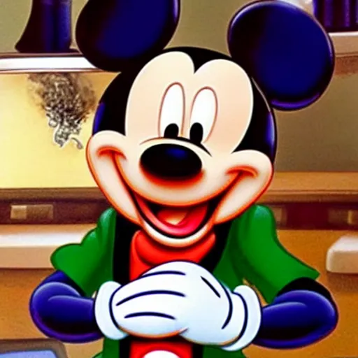 Prompt: Mickey Mouse smoking weed. He's stoned. His eyes are bloodshot.
