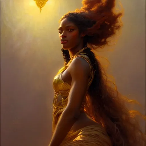 Image similar to young black woman, goddess of light, long flowing hair, smug expression, highly detailed painting by gaston bussiere, craig mullins, j. c. leyendecker 8 k