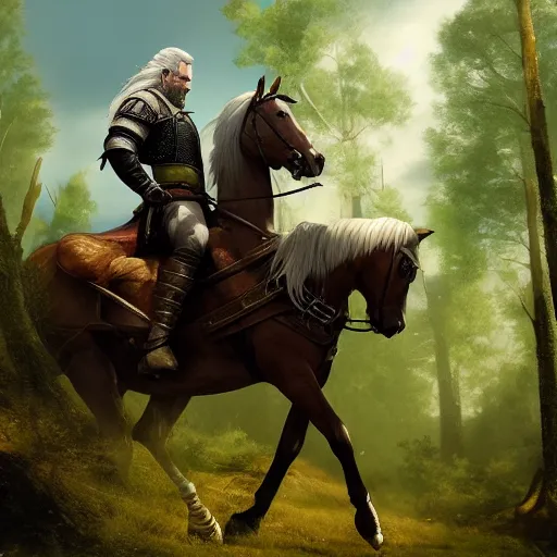 Image similar to Geralt of Rivia riding a horse in forest, 4k, artstation, cgsociety, award-winning, masterpiece, stunning, beautiful, glorious, powerful, fantasy art