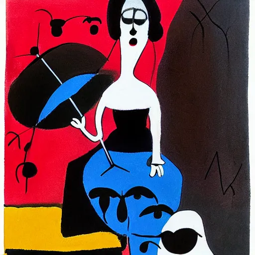Image similar to an acryllic painting dubrovnik, on a pale background, muted palette mostly white, black, gray, dark red, dark blue, strange characters and interesting shapes, woman with parasol, figure on penny farthing, minimalistic, mixed media, in the styles of both joan miro and mark rothko