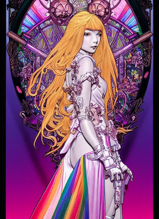 Prompt: highly detailed terada katsuya artgerm artstation rainbow reflection minaba hideo manga poster of princess mechine, long hair, armor, dress, laces, ruffles, 8 k, fluorescent, maximalist, jump comics, tomer hanuka, alphonse mucha