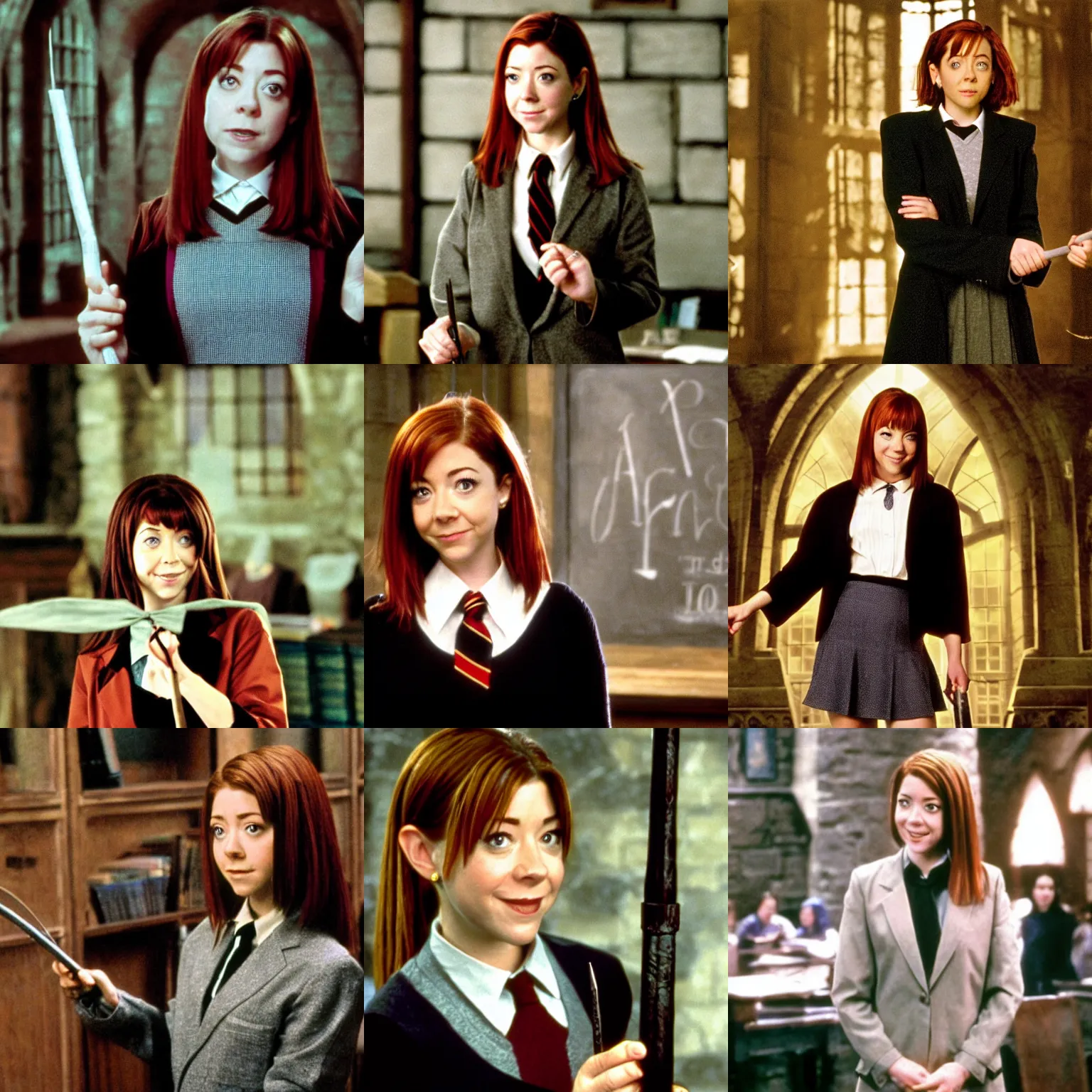 Prompt: Alyson Hannigan/Willow Rosenberg in a Hogwarts classroom, wearing a black blazer, white shirt and tie, and grey skirt, holding the elder wand, film still from 'Harry Potter and the Order of the Phoenix'