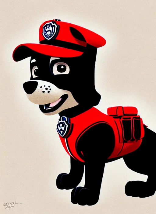 Image similar to highly detailed closeup of chase from paw patrol, puppy with police uniform and hat by atey ghailan, by greg rutkowski, by greg tocchini, by james gilleard, by joe fenton, by kaethe butcher, gradient, red, gold, black, brown and white color scheme, grunge aesthetic!!! white graffiti tag wall background