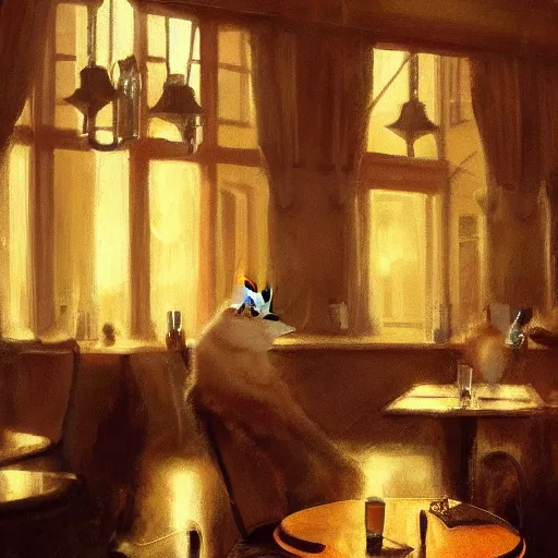 Image similar to brown cat with yellow eyes is sitting at table in a cafe at paris in early 2 0 th century. atmospheric feeling, warm colours, brown colours, yellow colours, epic scene, cinematic, very detailed, concept art, trending on artstation