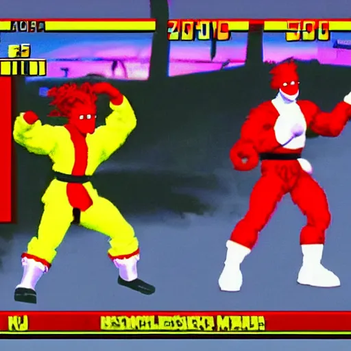 Image similar to screenshot of ronald mcdonald, white face, red afro, red nose and yellow outfit as fight enemy in 9 0's mortal kombat 3, mk 3, mortal kombat 3, sega genesis video game, upscaled to high resolution