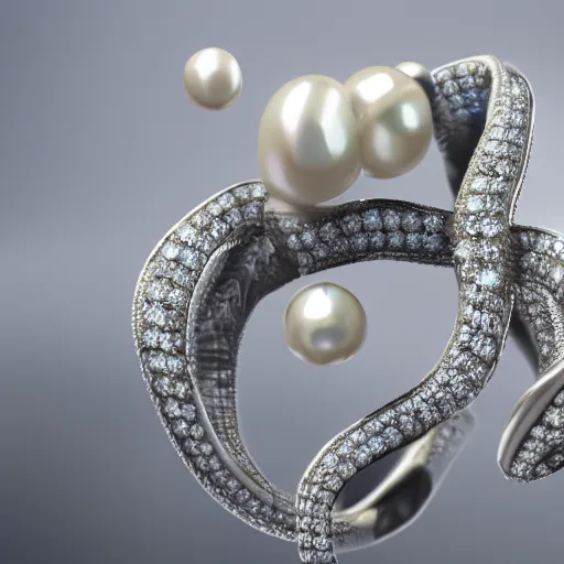 Prompt: hd photo of a diamond futuristic ring with tentacles and pearls by cartier, denoise, deblur