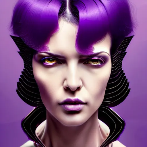 Image similar to woman with extremely large and intricate haircut with angry purple eyes and slim features looking askance, eye cyberpunk bionics, retro futurist style, intricate, elegant gleaming intricate baroque jewelry, angelic halo, highly detailed, digital painting, artstation, concept art, smooth, sharp focus, illustration, art by wlop, mars ravelo and greg rutkowski,