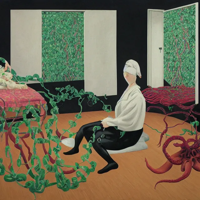 Prompt: a female pathology student in her apartment, wrapped in vines, medical equipment, stepping stones, octopus, pig, parrot, black walls, ikebana, black armchair, sculpture, acrylic on canvas, surrealist, by magritte and monet