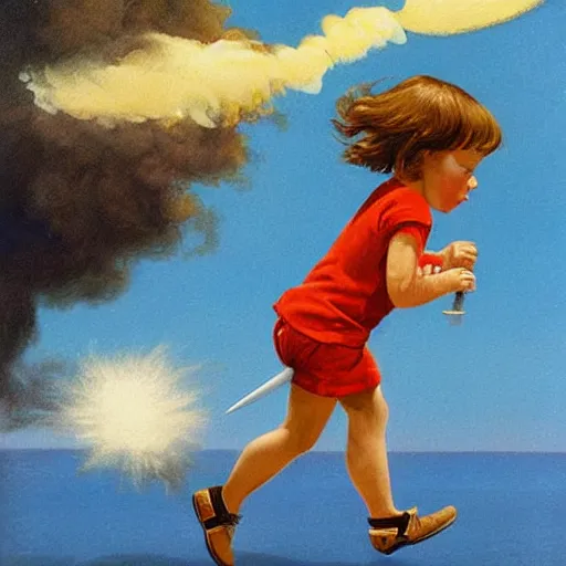 Image similar to a running child turning into vapor, mist, smoke, scissors in hand, a detailed matter painting by John Philip Falter