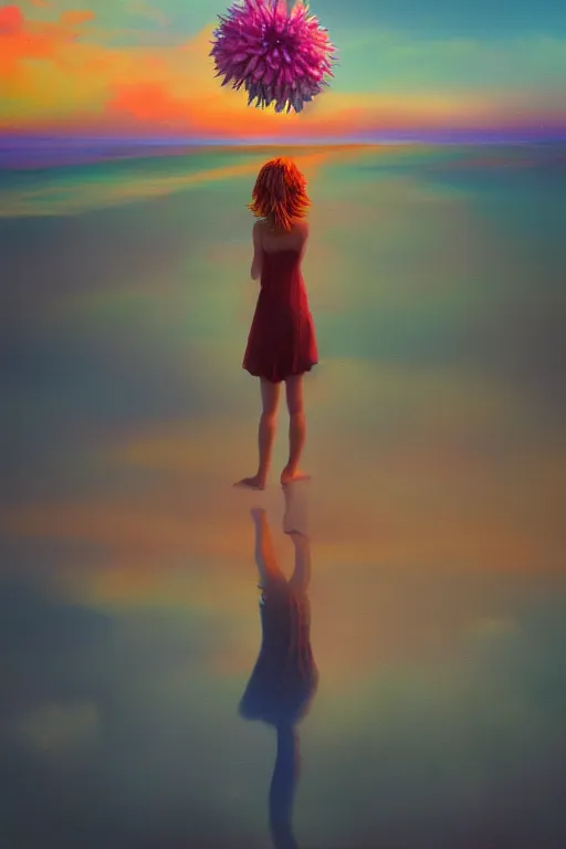 Image similar to closeup huge dahlia flower head, girl standing on beach, surreal photography, blue sky, sunrise, dramatic light, impressionist painting, digital painting, artstation, simon stalenhag