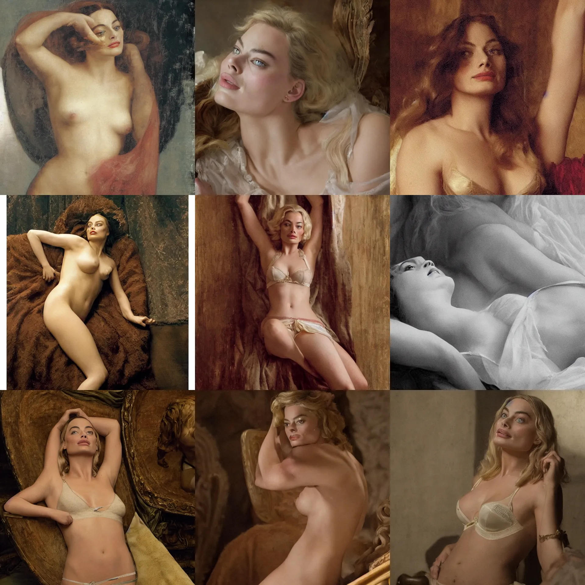 Prompt: movie still of margot robbie in lingerie, closed eyes and facial fieatures by leonardo di vinci, wide shot, by ilya repin